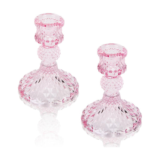 Glass Candle Holder, 2PCS Decorative Candle Sticks Pillar Candle Stand for Formal Events Wedding Party Table Centerpieces Home Decoration, Pink