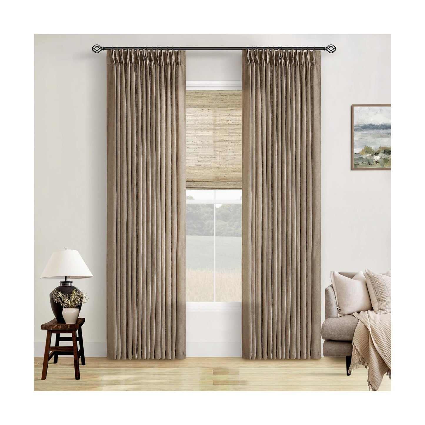 TWODRAPES Latte Pinch Pleated Light Filtering Linen Curtains 84 Inch Length