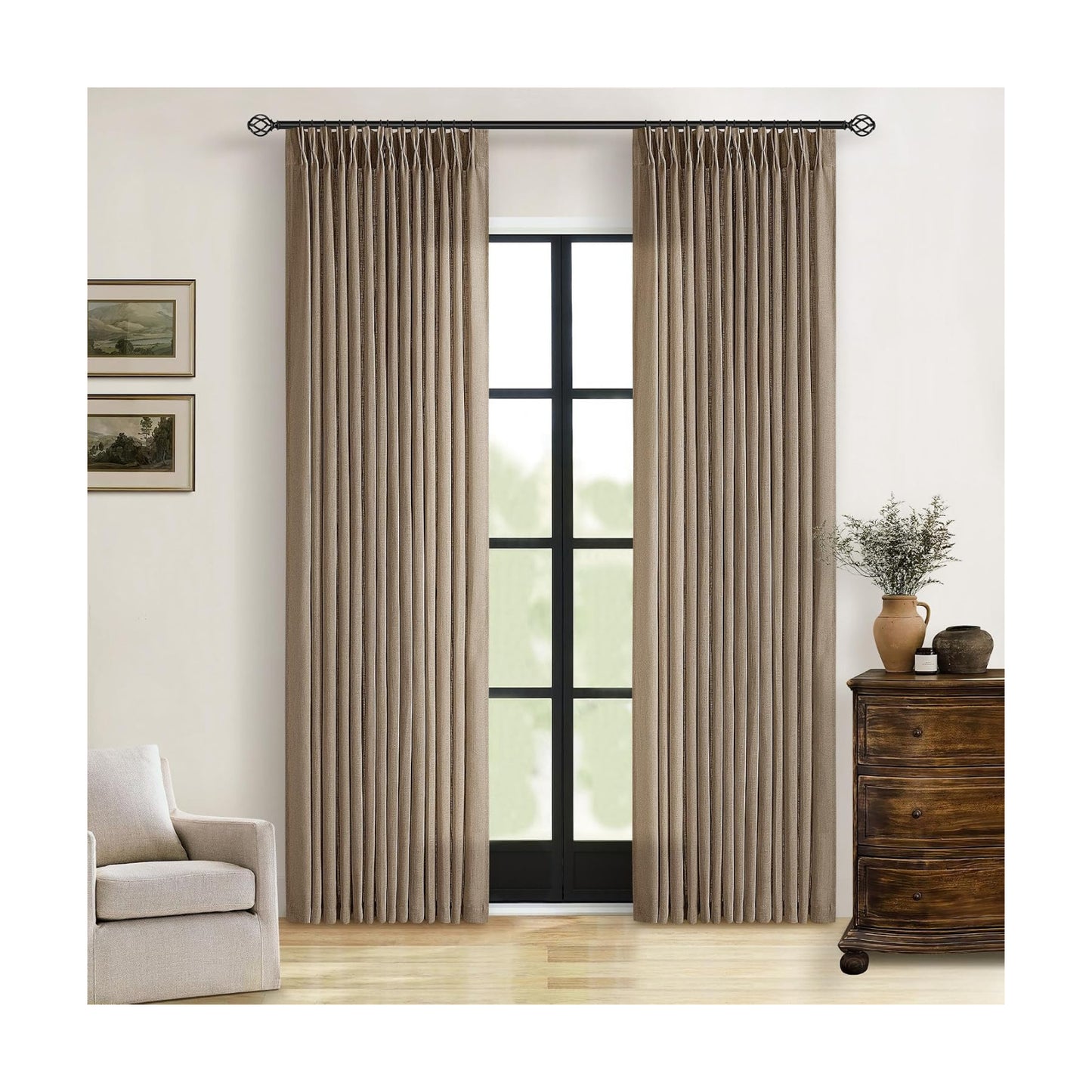 Farmhouse 80 Inch Brown Tan Pinch Pleated Linen Semi Sheer Curtains 2 Panel