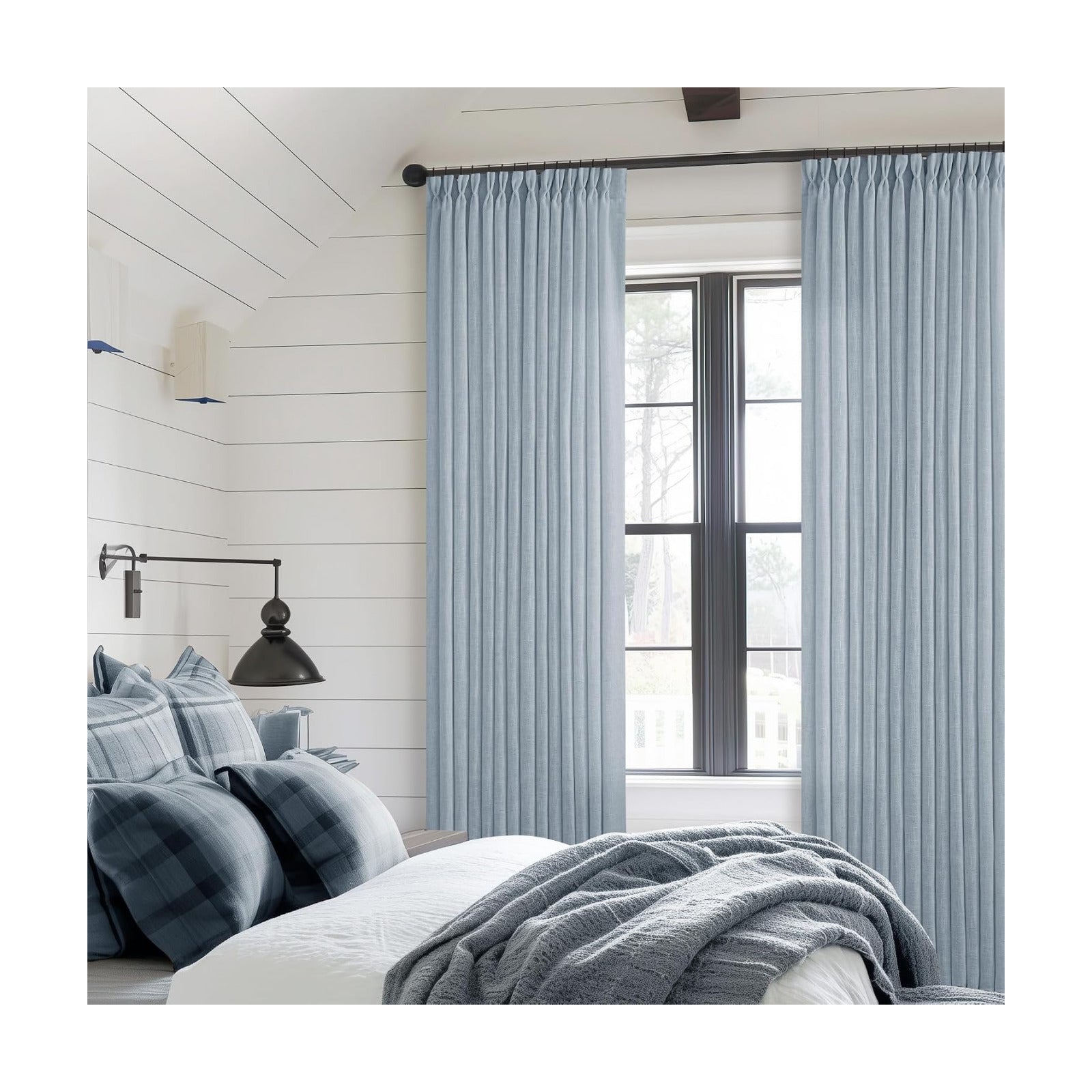 TWODRAPES Dusty Blue Linen Pinch Pleated Curtains 108 Inches Long 2 Panels