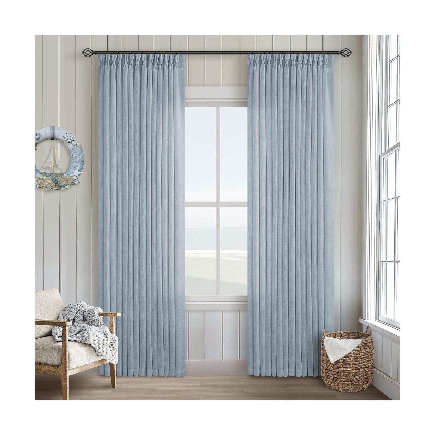 TWODRAPES Dusty Blue 80 Inch Pinch Pleated Linen Curtains 2 Panels Set