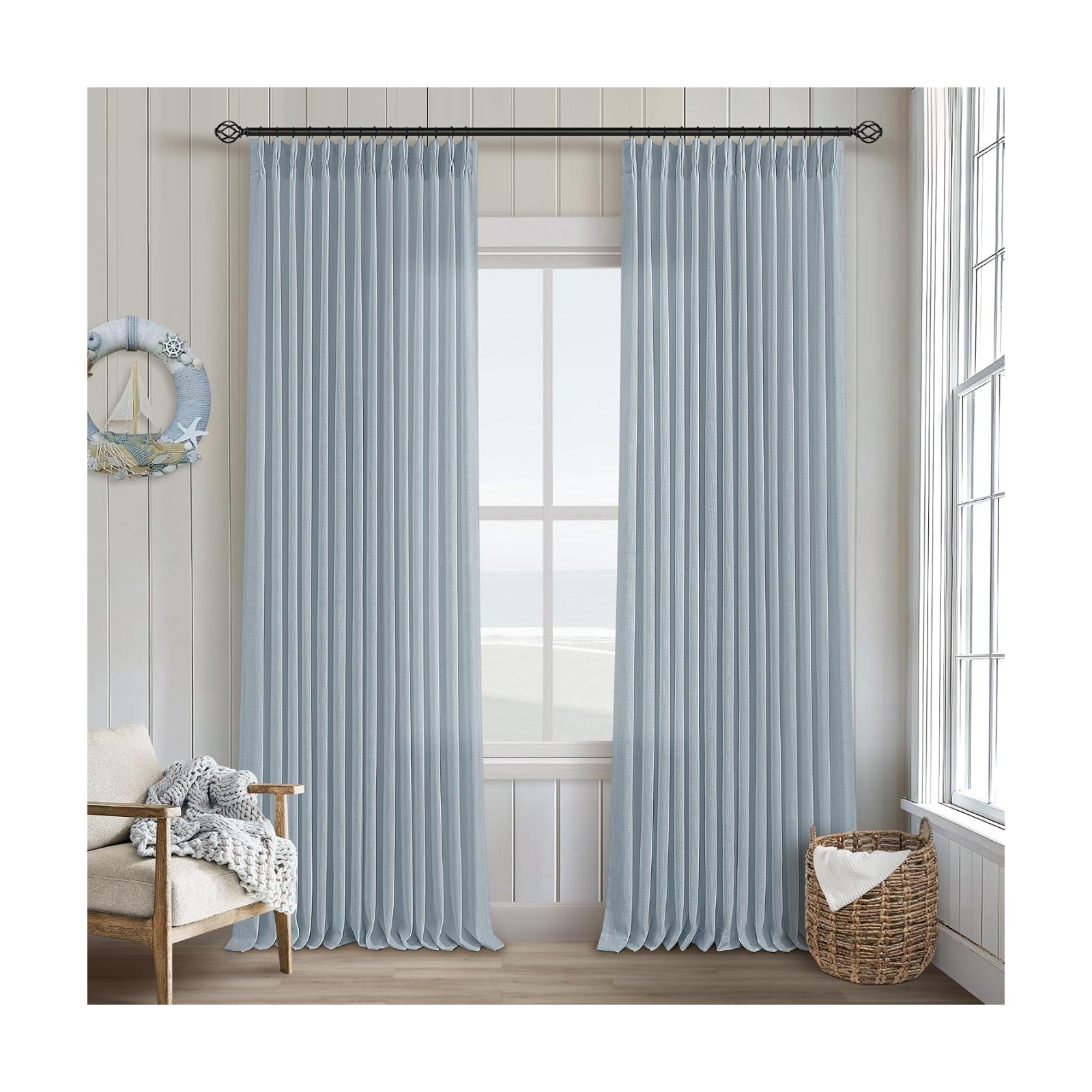 Dusty Blue Pleated Linen Curtains 96 Inches Long for Living Room 2 Panels