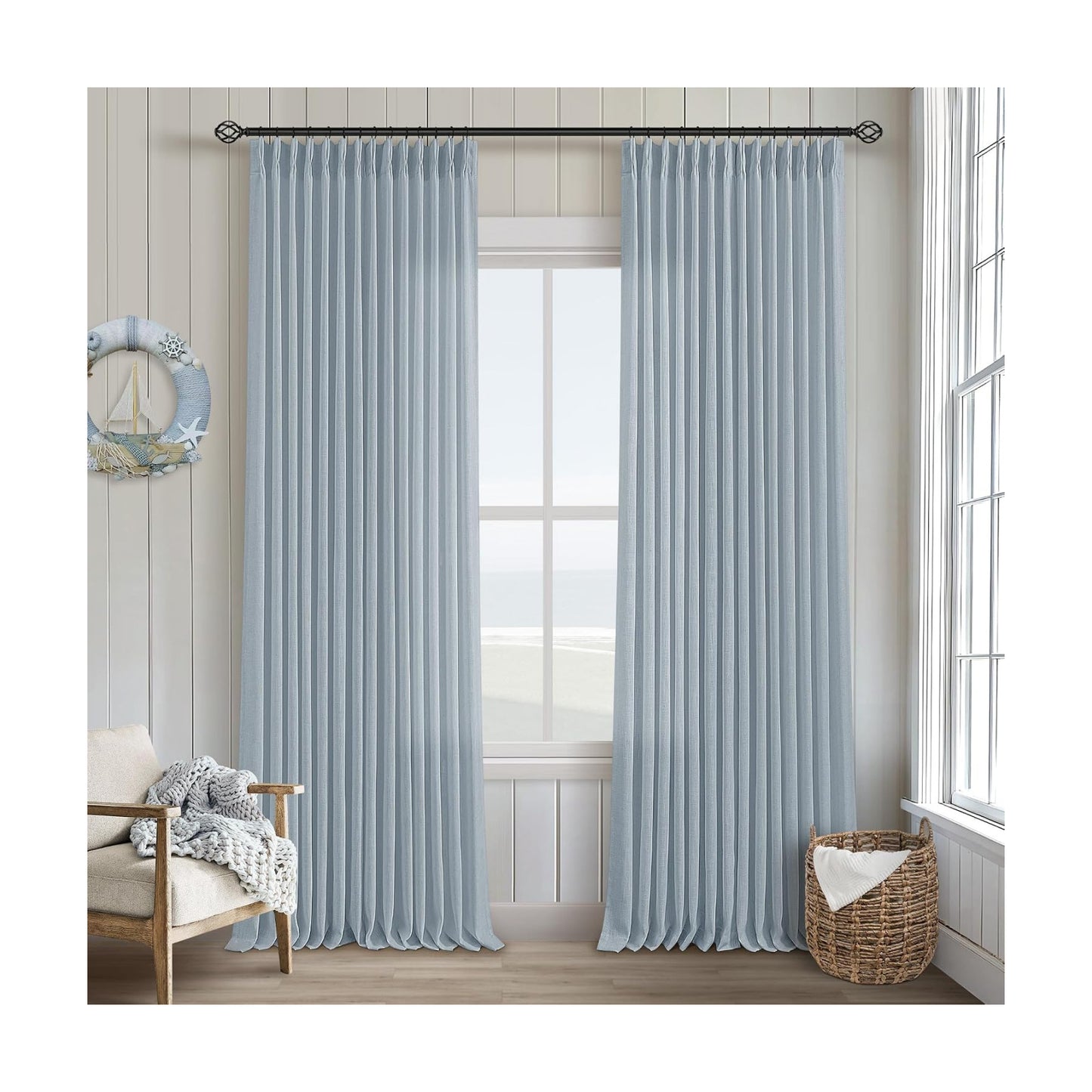 TWODRAPES Blue Grey 90 Inch Linen Curtains Pinch Pleated for Living Room