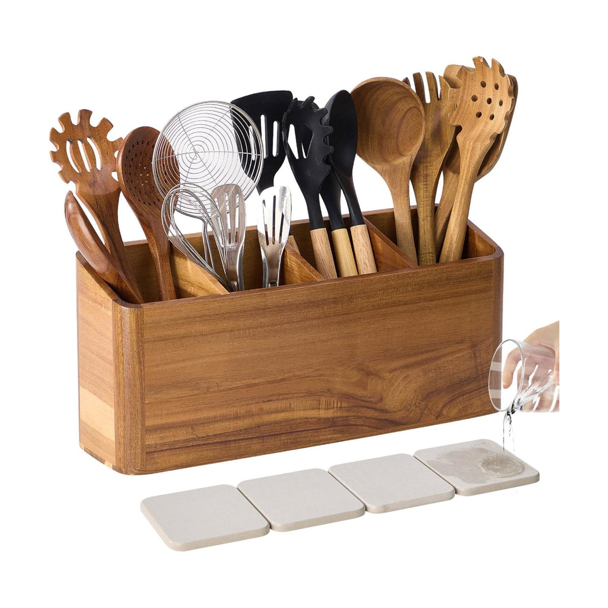 Wooden Utensil Holder for Kitchen Counter, Acacia Wood Kitchen Utensil Holder for Countertop with 4 Compartment