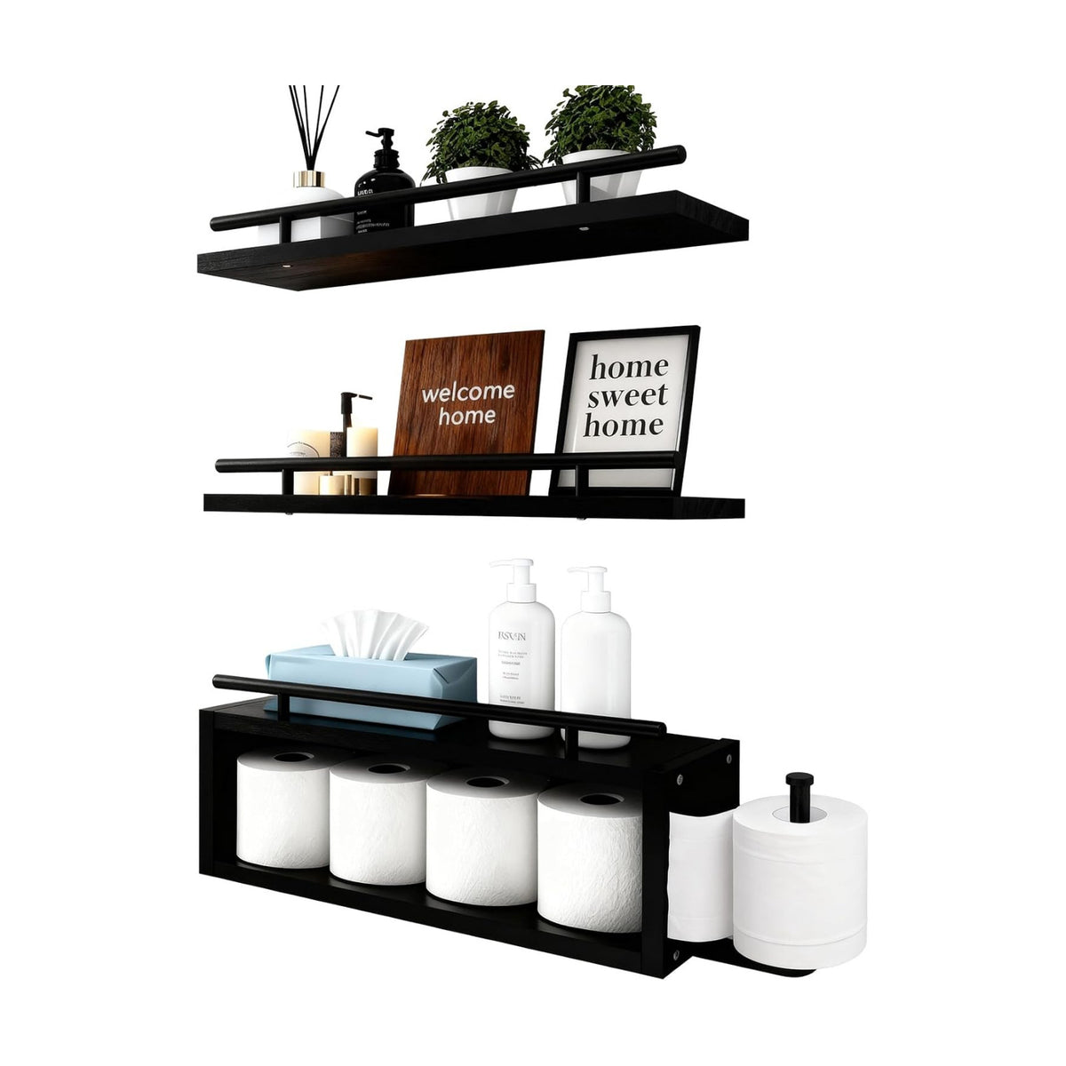 Wooden Floating Shelves with Paper Towel Holder for Bathroom Wall Storage | Bathroom Wall Shelf with Metal Rail, Wall