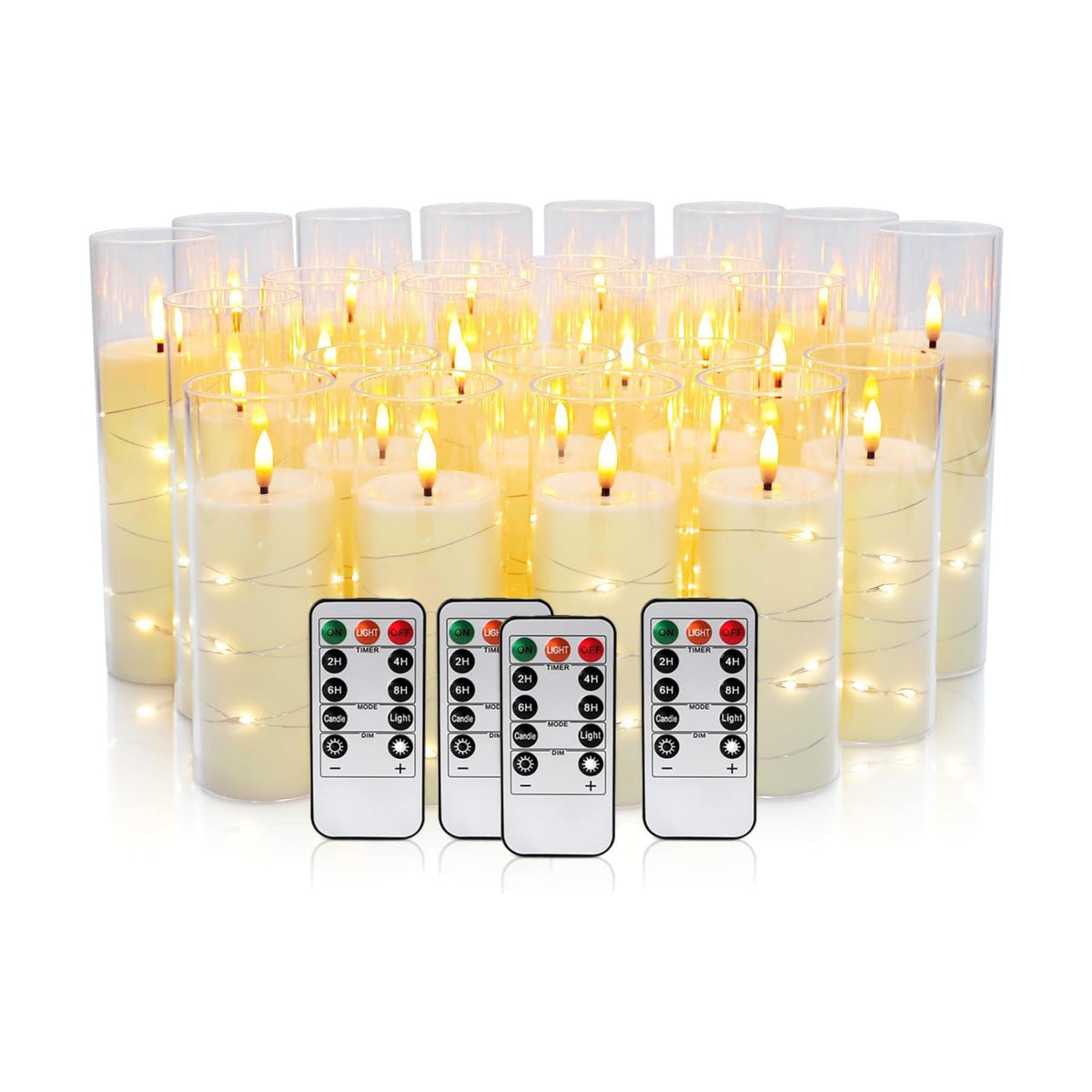 24 Pcs LED Flameless Candles with Remote, 3D Flickering Flame & LED String Lights, Acrylic Clear Cylinder, Timer