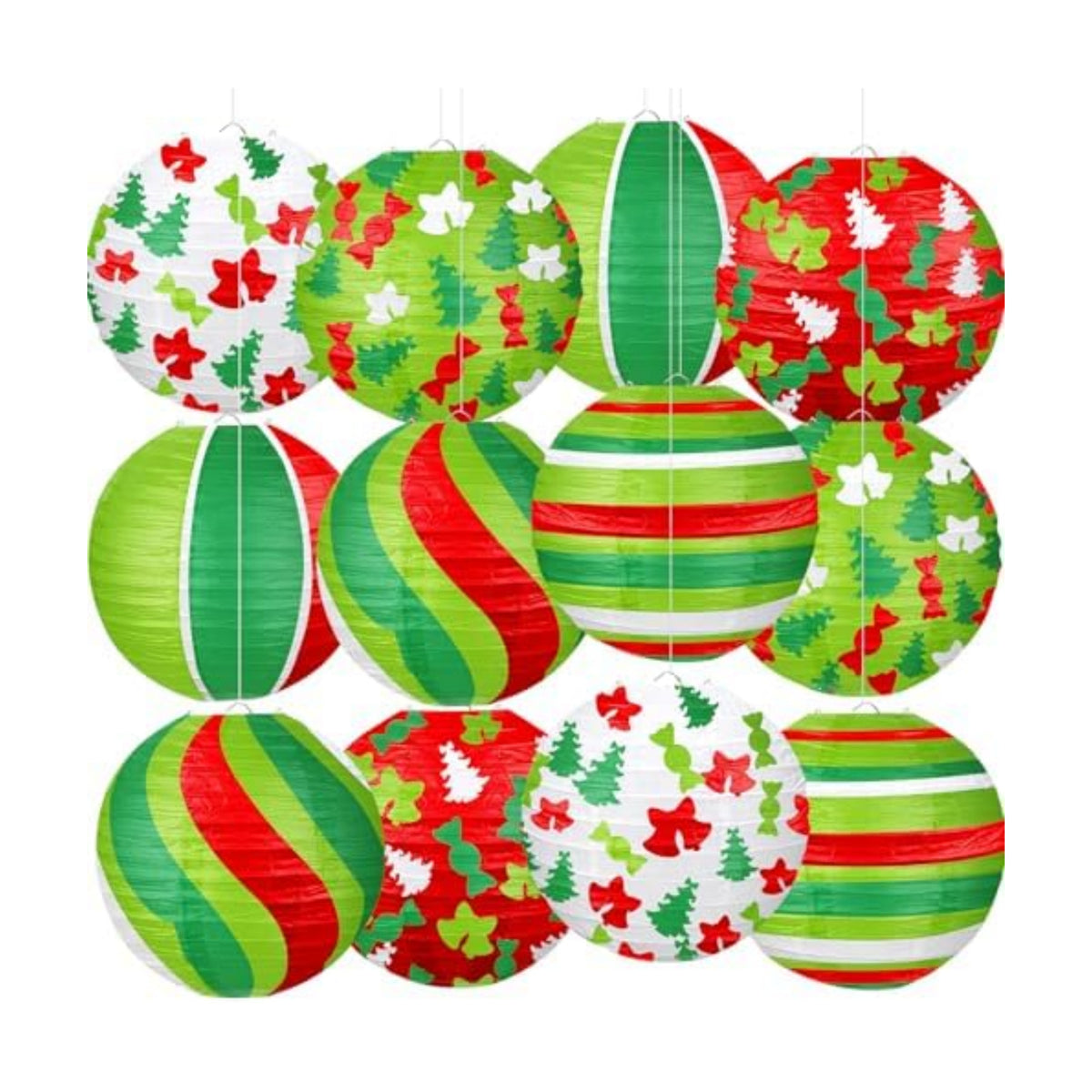 Christmas Paper Lanterns, 12 PCS Christmas Hanging Paper Lanterns Indoor Outdoor, Red Green and White Xmas Tree Candy Bell Lantern for Christmas Party Decorations Home Holiday Decor