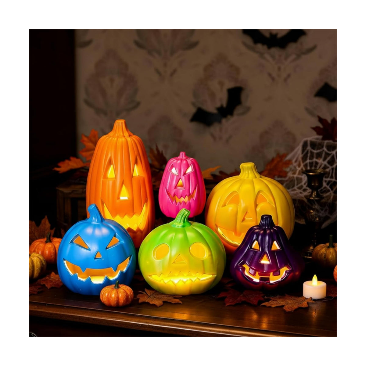 Tujoe 6 Pcs Halloween Pumpkin Lantern Set Light up LED,Multi Color