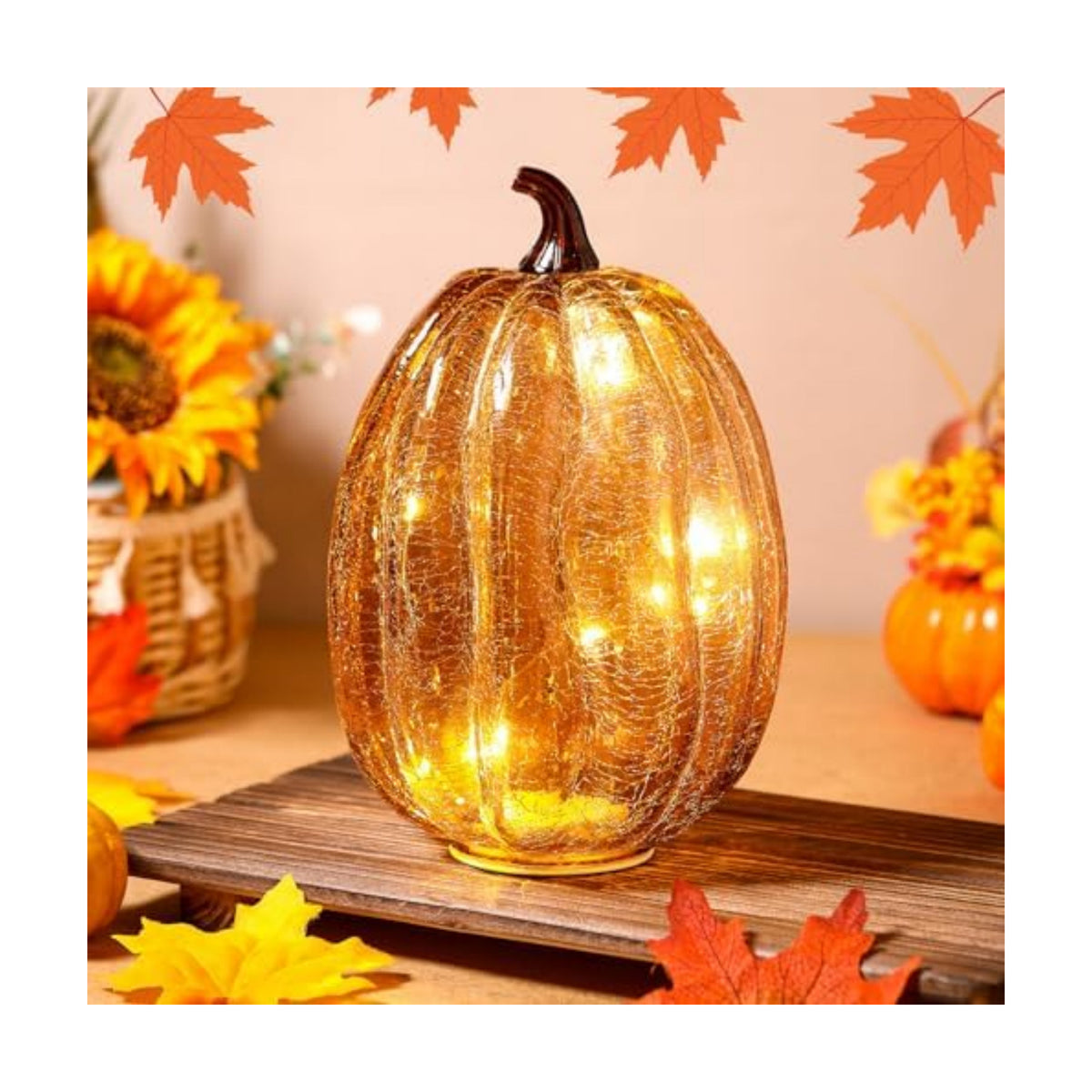 Glooglitter Mercury Glass Pumpkin Light LED Fall Lamp, Oval, Gold, Large