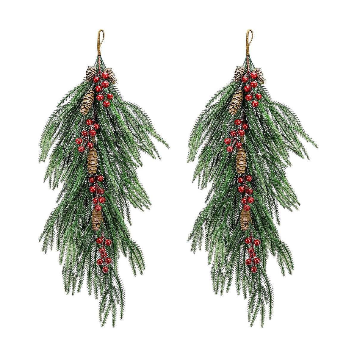 2 Pcs Artificial Christmas Teardrop Swag with Berries and Pinecones, Faux Berry Pine Branch Teardrop Door Swag, Norfolk Wreath Greenery Staircase Swags for Xmas Door Mantle Fireplace Decor
