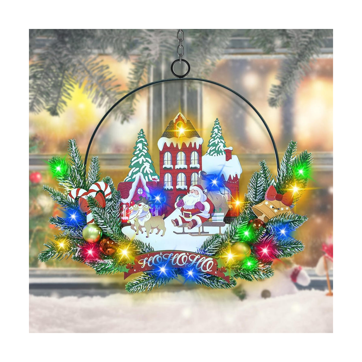 Pre-Lit Christmas Wreath for Front Door, Lighted Witch with 6H On/18H Off