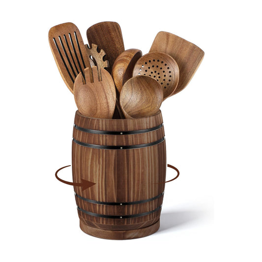 Honeydak Wooden Utensil Holder for Kitchen Counter, 360° Rotating Wine Barrel Design Large Cooking Spoon Crock