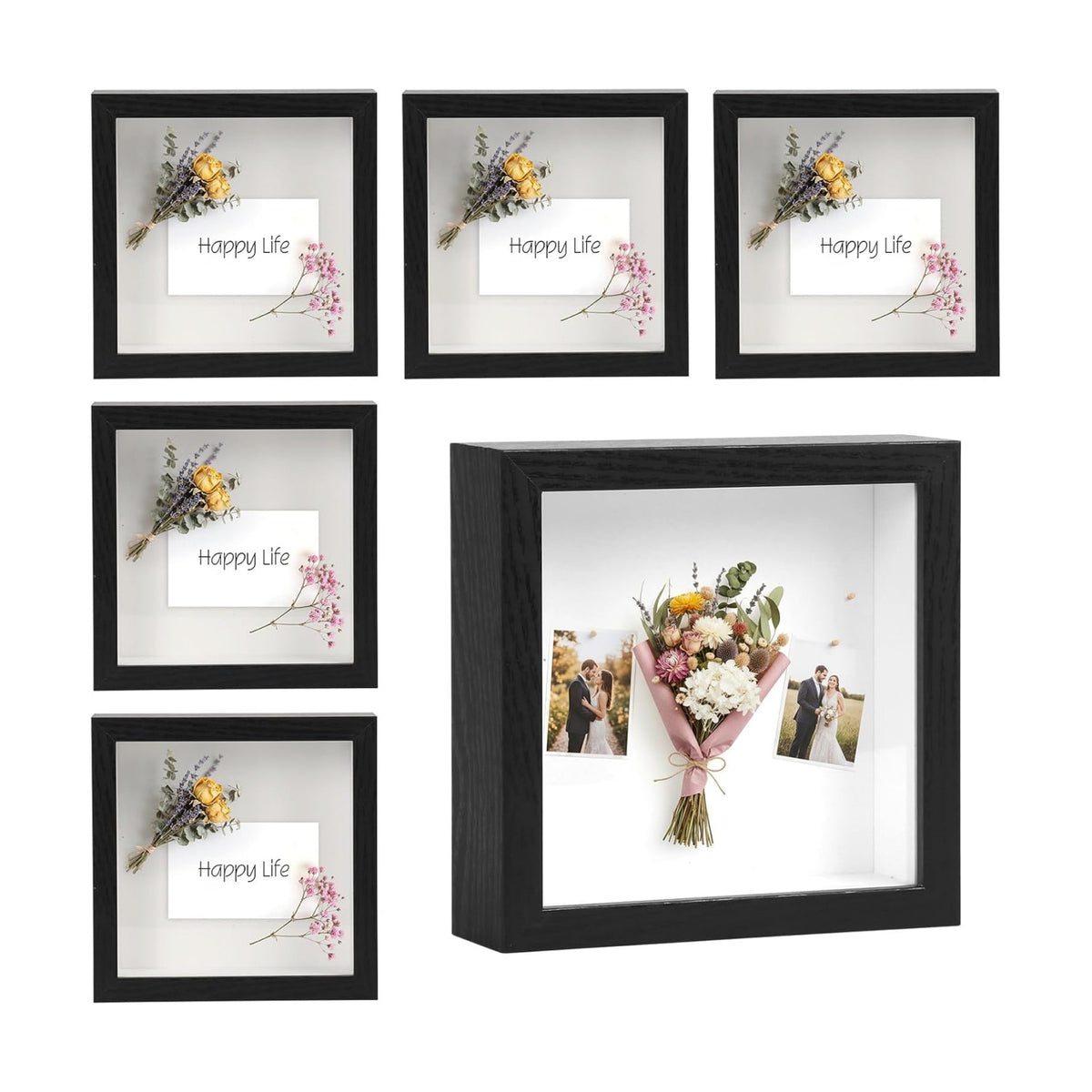 6 Pack Shadow Box Frame 8"x8" - 1.2" Deep Shadow Boxes for Art, Black | Shadow Box Display Case for: Wedding/Memory/Pet