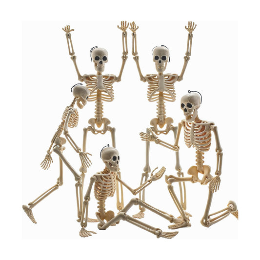 Feir 16" Skeletons Halloween Decorations – 5PCS Posable Full Body Skeletons with Movable Joints, Realistic Props for Outdoor Yard, Haunted House, Party & Indoor Halloween Decor