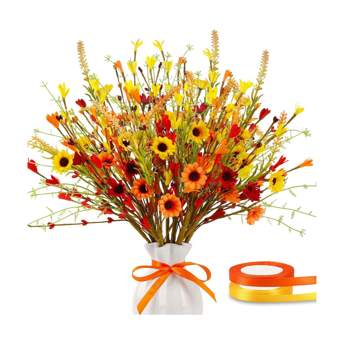 JUNEBRUSHS 12 Pack Fall Flowers, Artificial Autumn Floral Berry Picks Forsythia Stem for Thanksgiving Harvest Bouquet Floral Arrangements Garland Table Centerpieces Home Decor