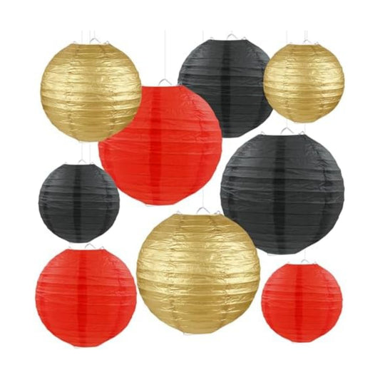Red Black Gold Paper Lanterns, Round Hanging Paper Lanterns Decorations for Graduation Birthday Wedding Anniversary Baby Shower Holiday Party Supplies (9 PCS)