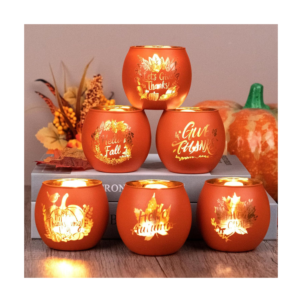 6 Pieces Thanksgiving Candle Holders Orange Pumpkin & Leaf Engraved Tealight Holders for Fall Table Centerpieces, Wedding & Home Decor Indoor and Outdoor