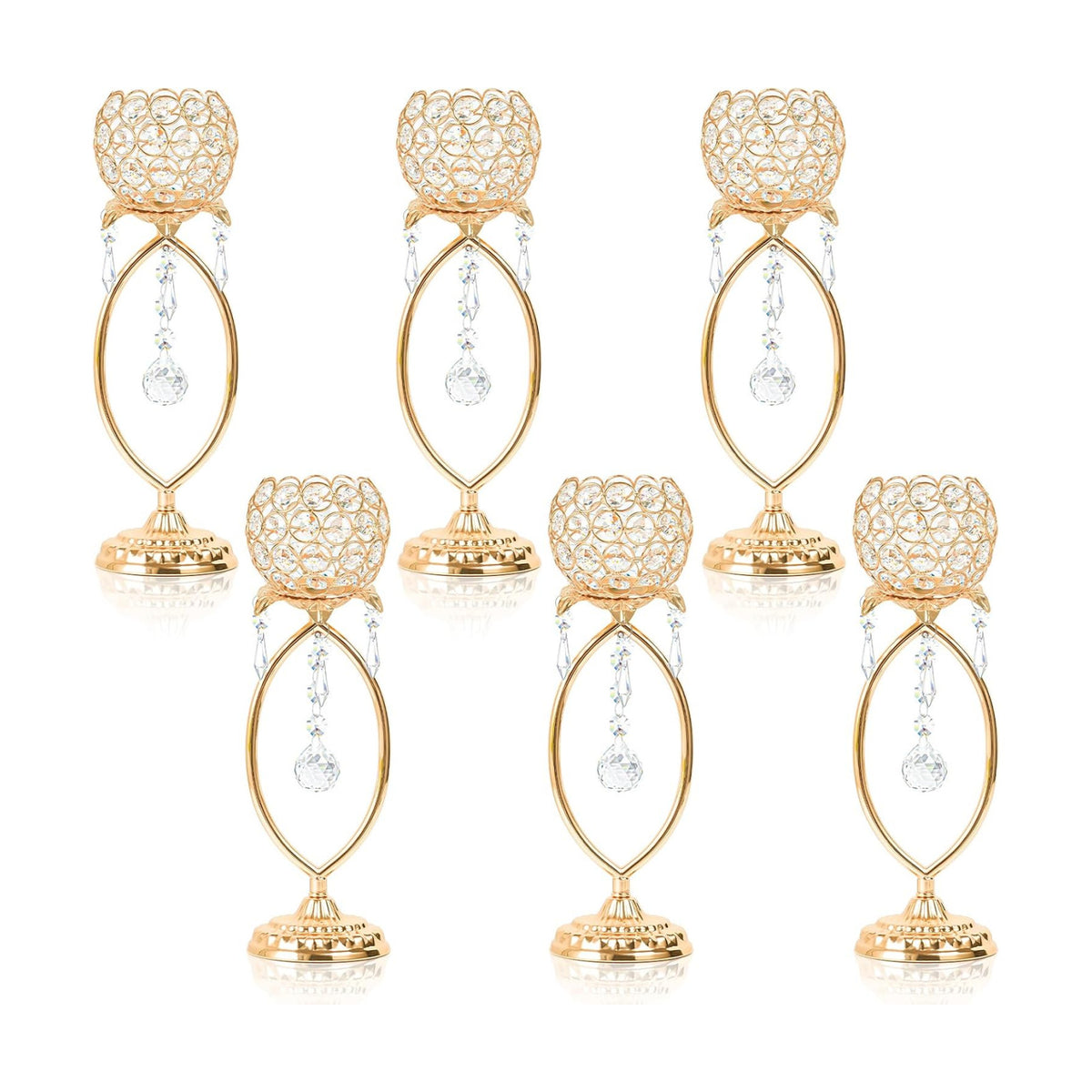 6 Pcs Gold Elegant Metal Crystal Tea Light Candle Holders with Crystal Pendants, Hollow Design - Wedding Table