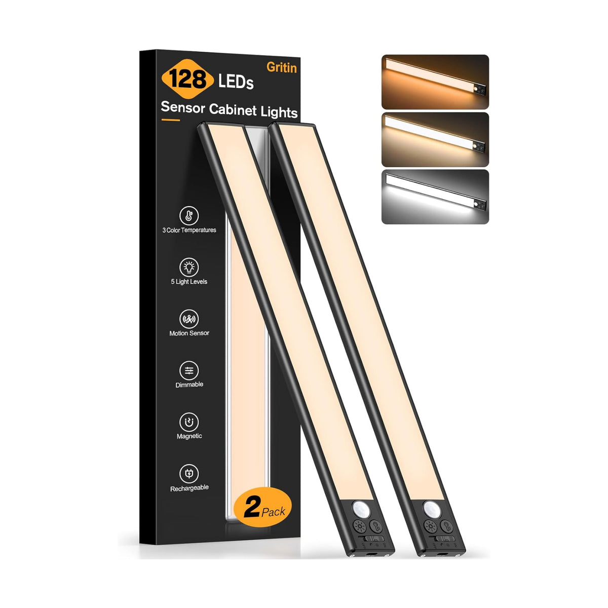 Gritin 14.7inch Under Cabinet Lighting Rechargeable 2 Pack | 3 Color Temps & 5 Brightness,Super Bright,4 Modes,Motion