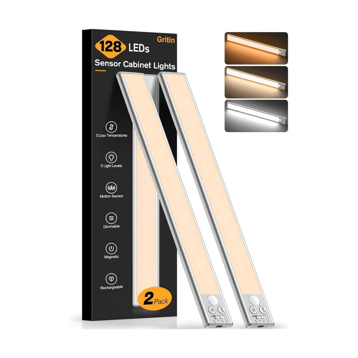 Gritin 14.7inch Under Cabinet Lighting Rechargeable 2 Pack | 3 Color Temps & 5 Brightness,Super Bright,4 Modes,Motion