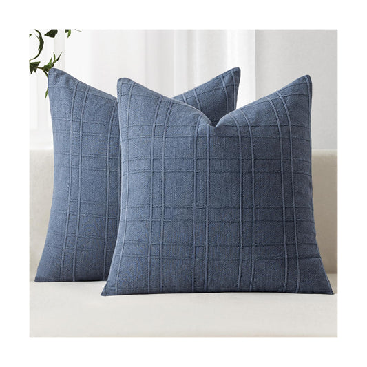 Decorative Linen Check Throw Pillow Covers Neutral Farmhouse Vintage / 18 x 18 / Blue / Set of 2