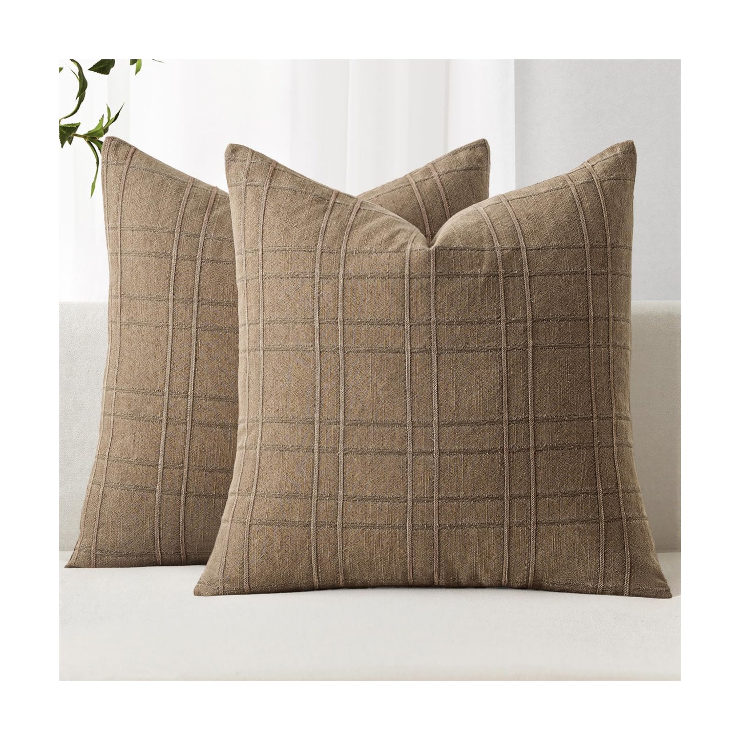 Decorative Linen Check Throw Pillow Covers Neutral Farmhouse / 18 x 18 / Light Brown / Set of 2