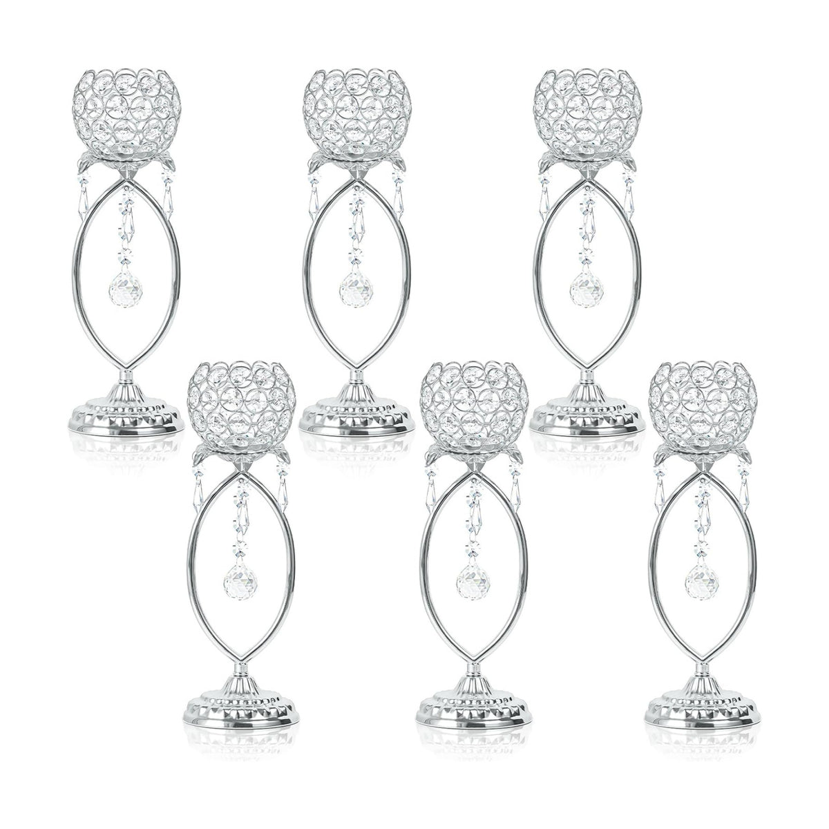 6 Pcs Silver Elegant Metal Crystal Tea Light Candle Holders with Crystal Pendants, Hollow Design - Wedding Table