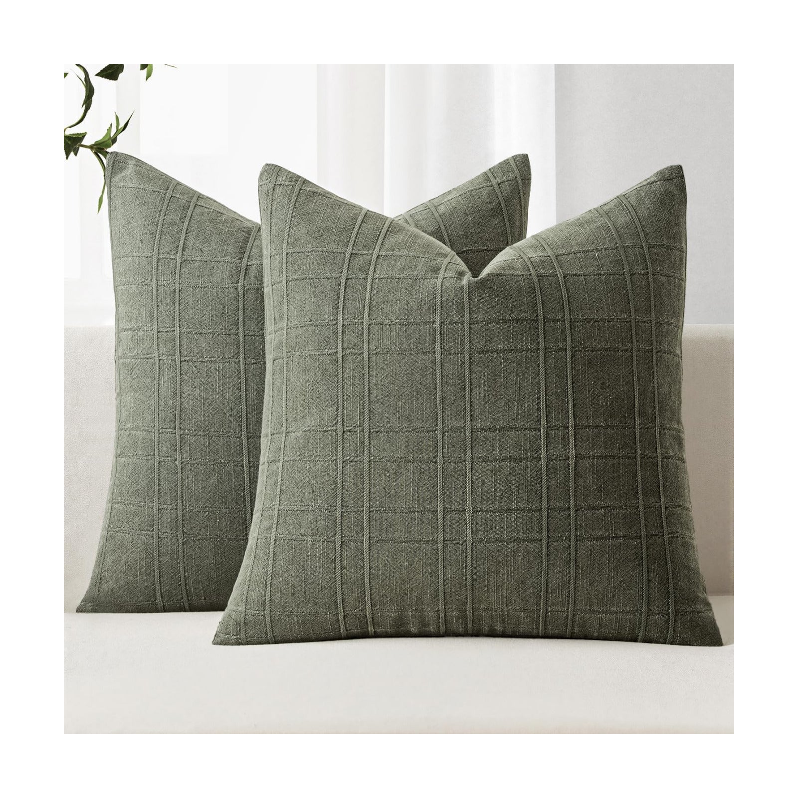 Decorative Linen Check Throw Pillow Covers Neutral Farmhouse / 18 x 18 / Olive Green / Set of 2
