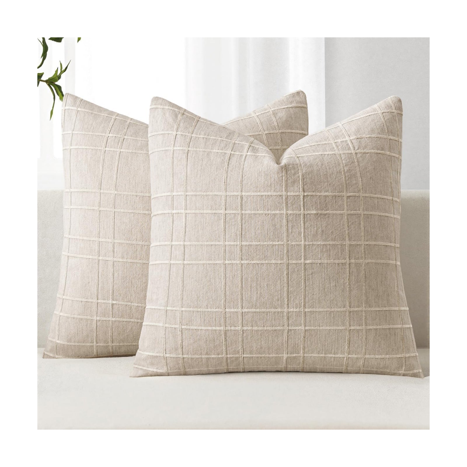 Decorative Linen Check Throw Pillow Covers Neutral Farmhouse / 18 x 18 / Natural Beige / Set of 2