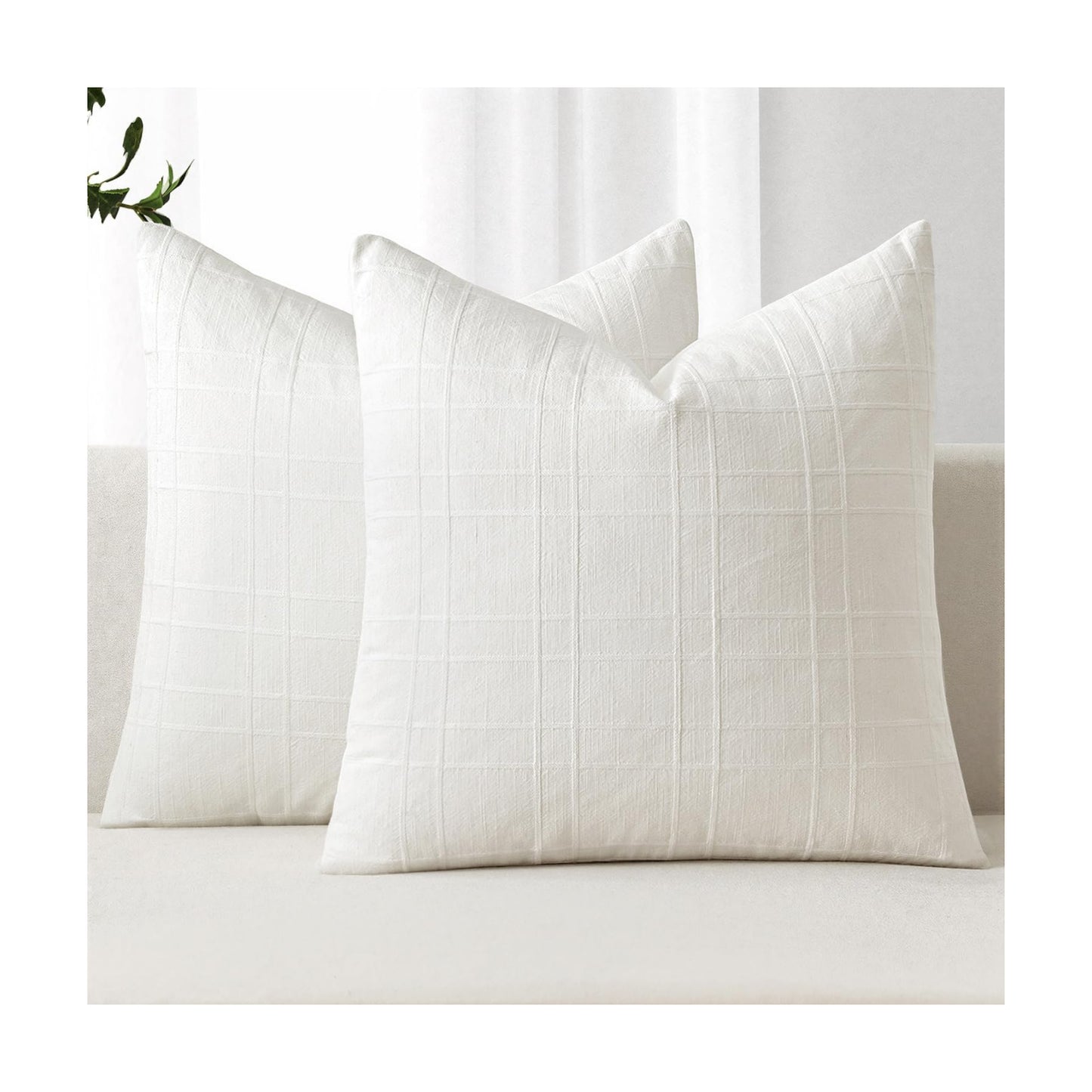 Decorative Linen Check Throw Pillow Covers Neutral Farmhouse / 18 x 18 / Cream White / Set of 2