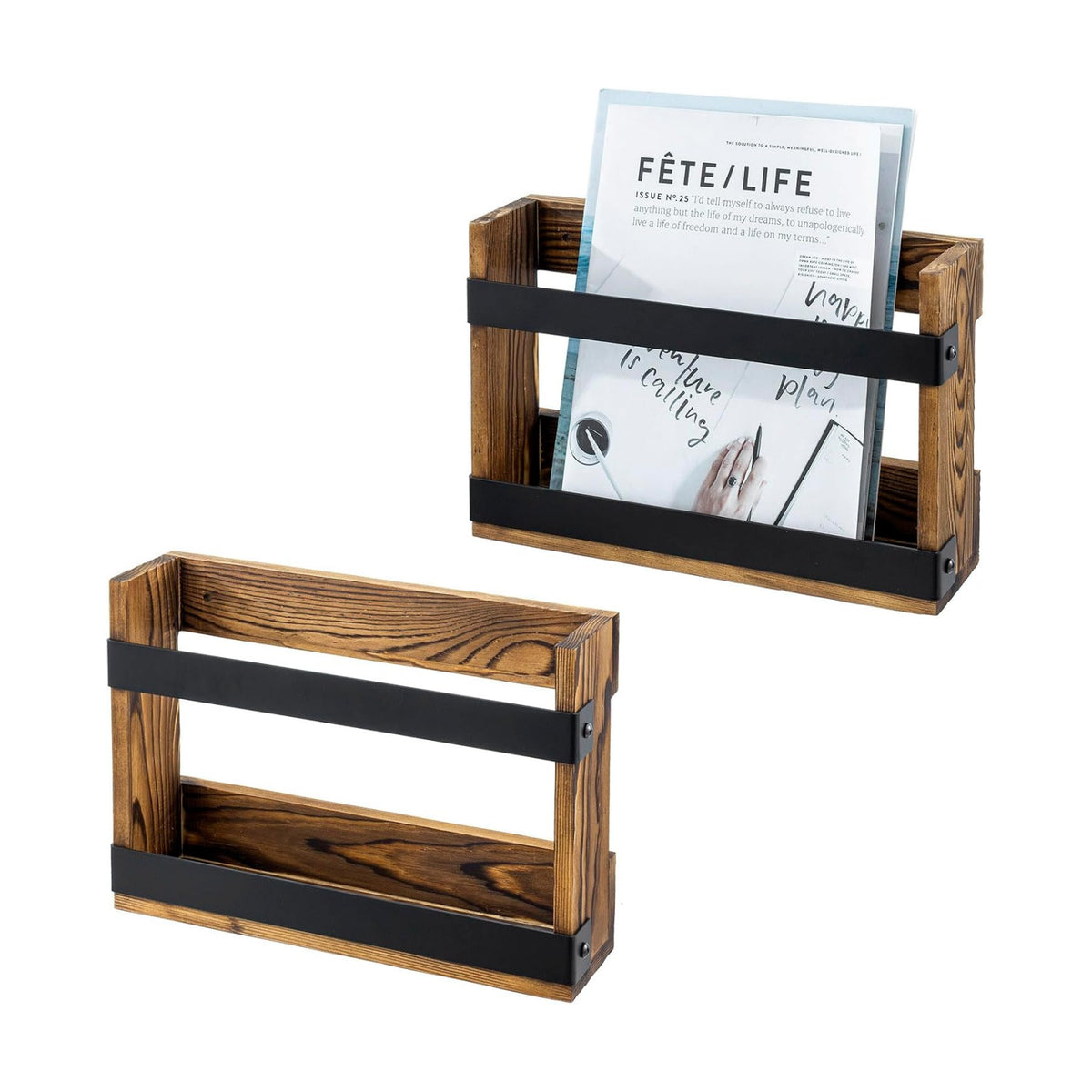 MyGift Set of 2 Rustic Burnt Wood and Matte Black Metal Wall-Mount Magazine Racks – Industrial Style Display Holders