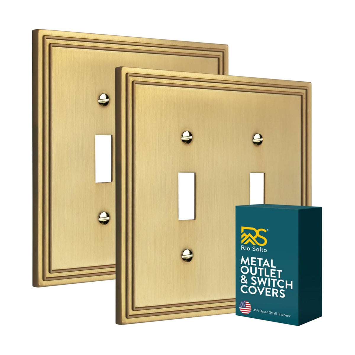 Rio Salto Gold Decorative 2 Light Switch Cover Plate Double Toggle Flip Switch Brushed Brass Gold Metal Wall Plates
