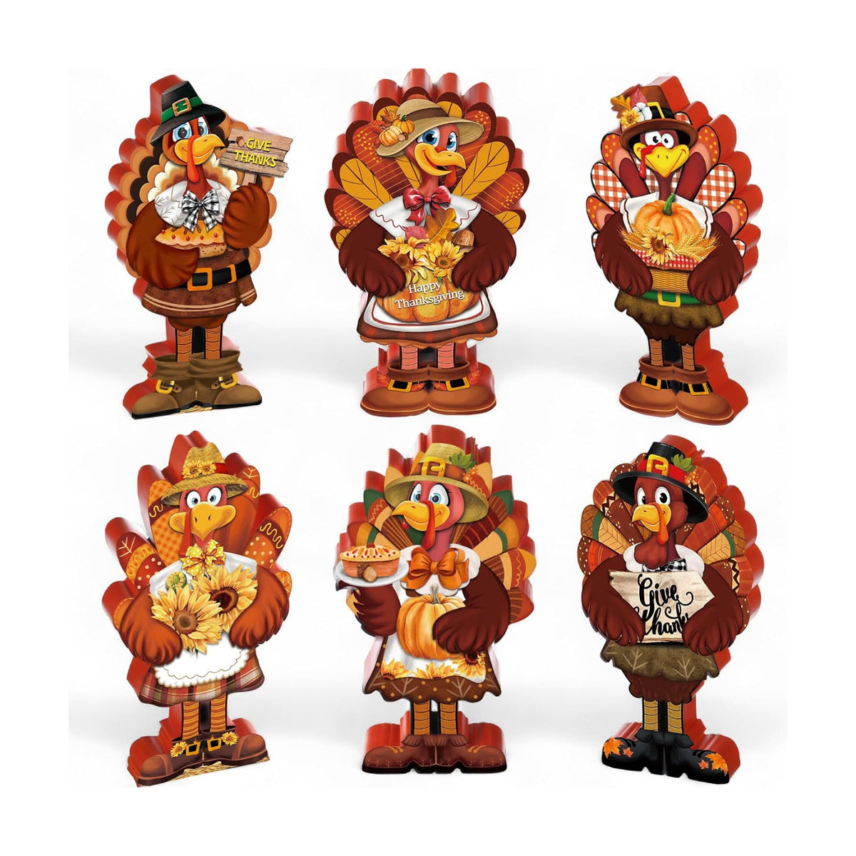 DoubleFill 6 Pcs Thanksgiving Turkey Decorations Wooden Turkey Table Centerpieces Fall Tiered Tray Decor Thanksgiving Standing Wooden Block Signs for Home Kitchen Tabletop Shelf Autumn Harvest Party