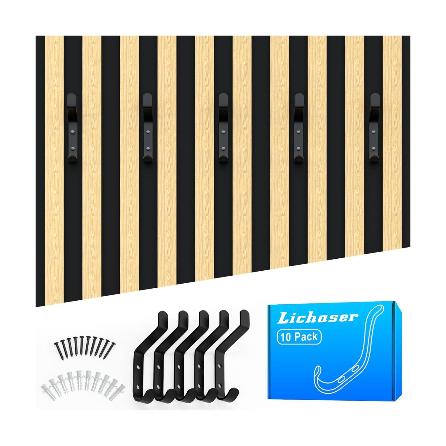 Decorative Wall Hooks Screw in Sound Panel and Wood Slats / Black / 0.5 Inch / Set of 10