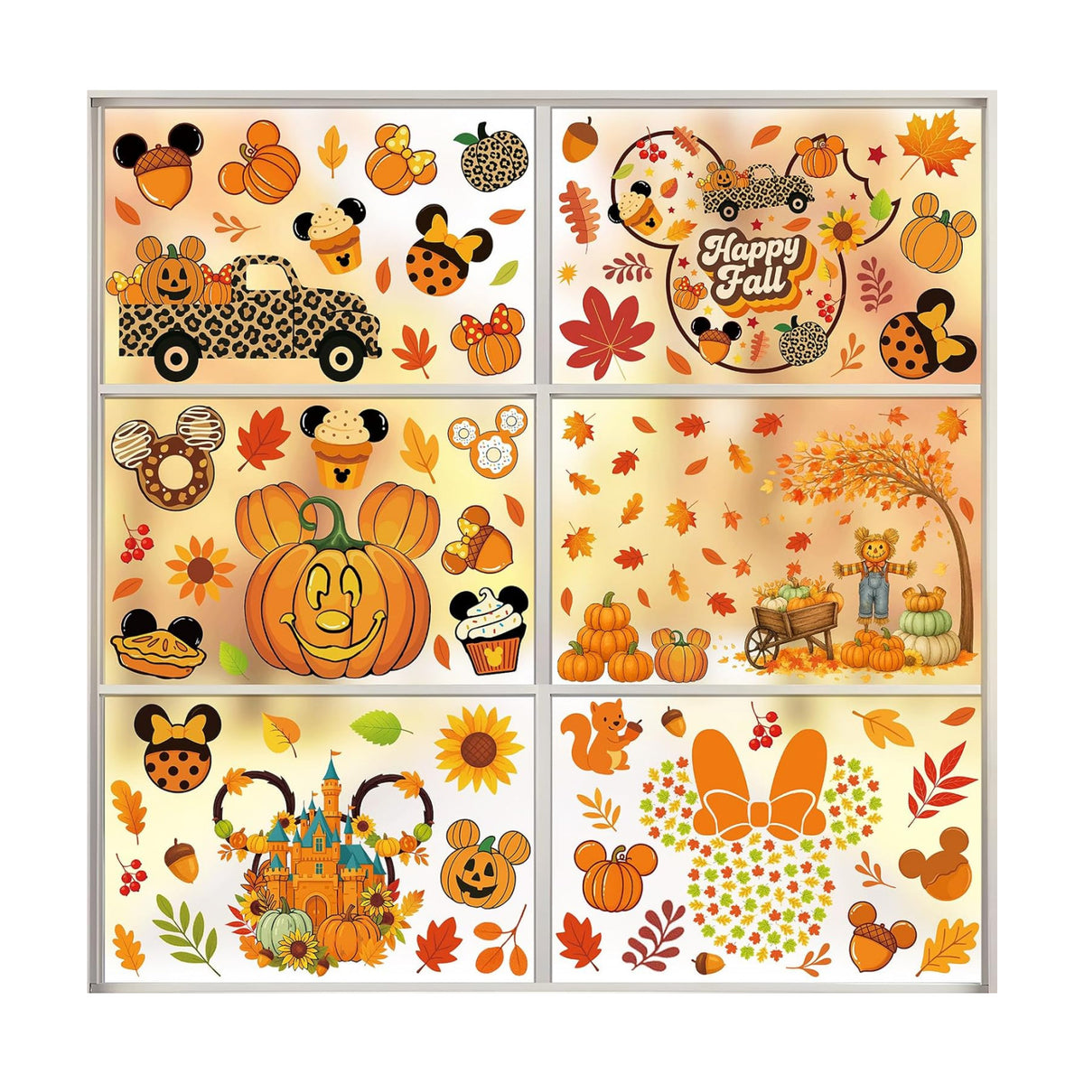 Fall Window Clings - 9 Sheets 149 Pcs Fall Decorations for Autumn Thanksgiving Harvest Home Party, Pumpkin Leaves Car Maple Castle Acorns Stickers for Glass, Double-Sided Static Window Decals