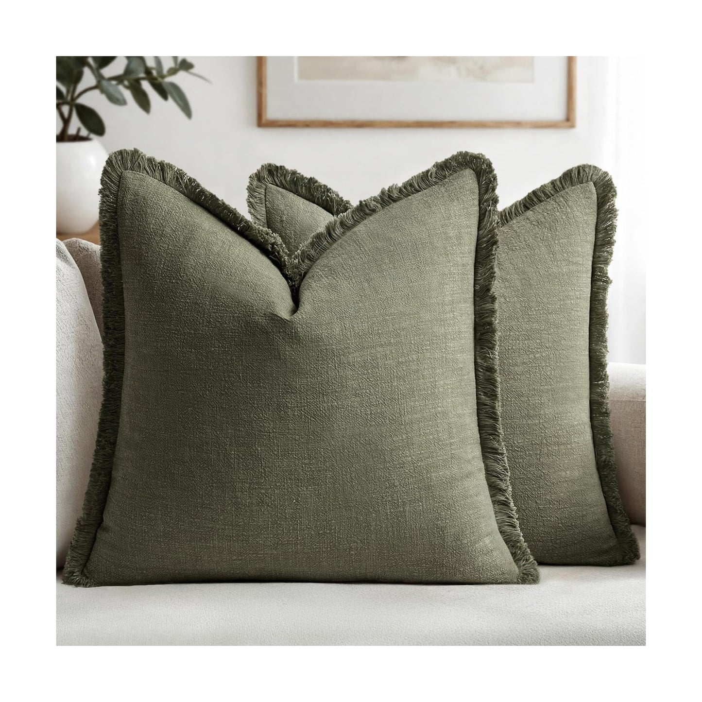 MIULEE Linen Fringe Decorative Euro Throw Pillow Covers Olive Green 28x28