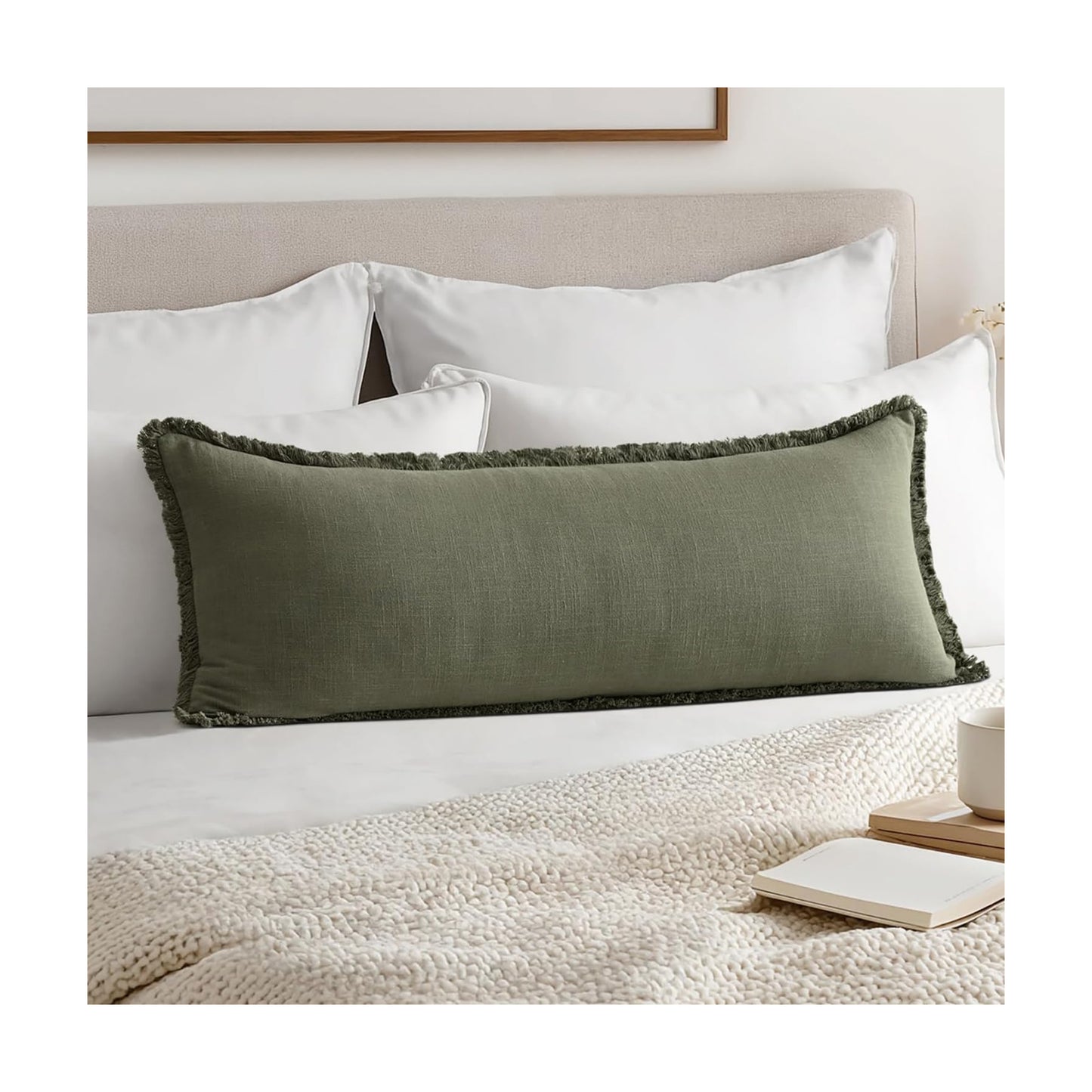 Decorative Throw Pillow Covers Neutral Linen Fringe Throw Pillows Boho / Olive Green / 36 x 14