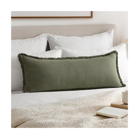 Decorative Throw Pillow Covers Neutral Linen Fringe Throw Pillows Boho / Olive Green / 36 x 14