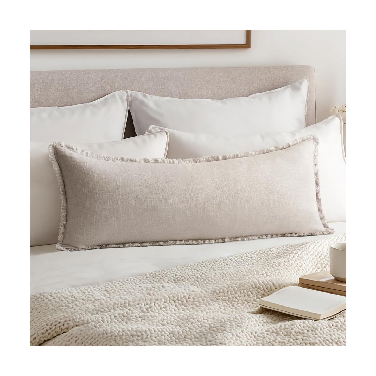 Decorative Throw Pillow Covers Neutral Linen Fringe Throw Pillows Boho / Natural Beige / 36 x 14