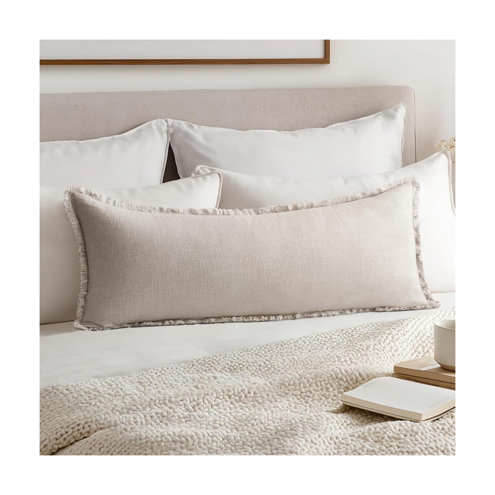Decorative Throw Pillow Covers Neutral Linen Fringe Throw Pillows Boho / Natural Beige / 36 x 14