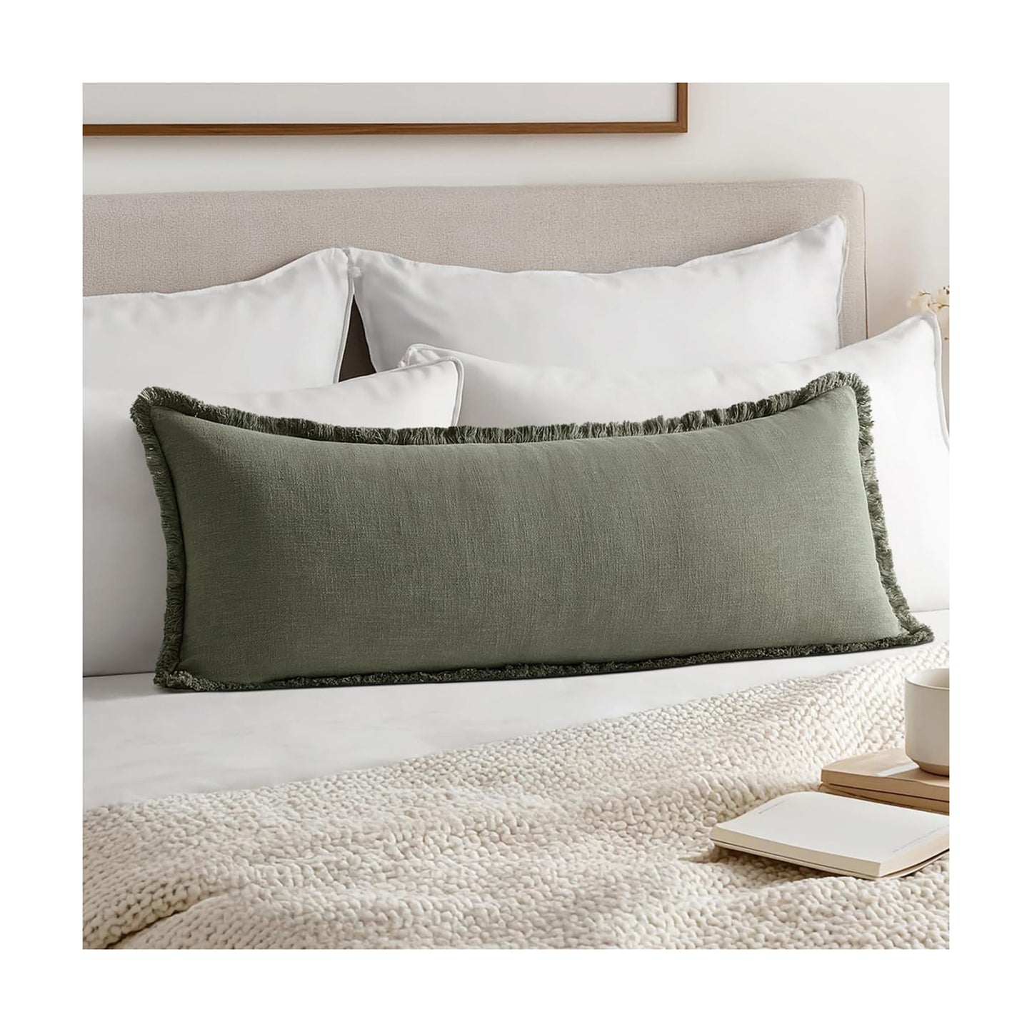 Decorative Throw Pillow Covers Neutral Linen Fringe Throw Pillows Boho / Light Olive Green / 36 x 14