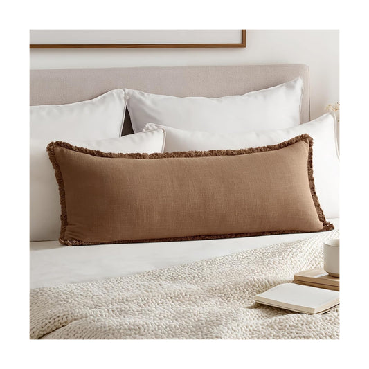 Decorative Throw Pillow Covers Neutral Linen Fringe Throw Pillows Boho Farmhouse / Brown / 36 x 14