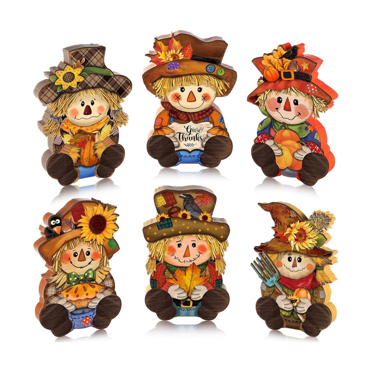 DoubleFill 6 Pcs Fall Scarecrow Table Decoration Wooden Scarecrow Figurines