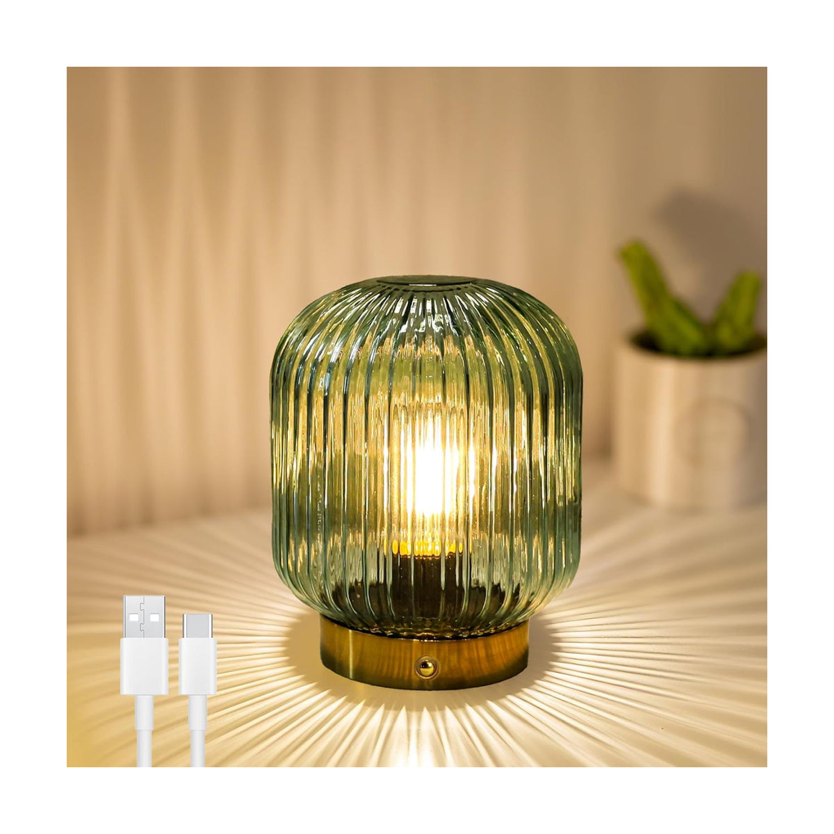 MJ PREMIER Rechargeable Table Lamp,Cordless Lamp with Memory Function,Green | Small Glass LED Lamp with Dimmable