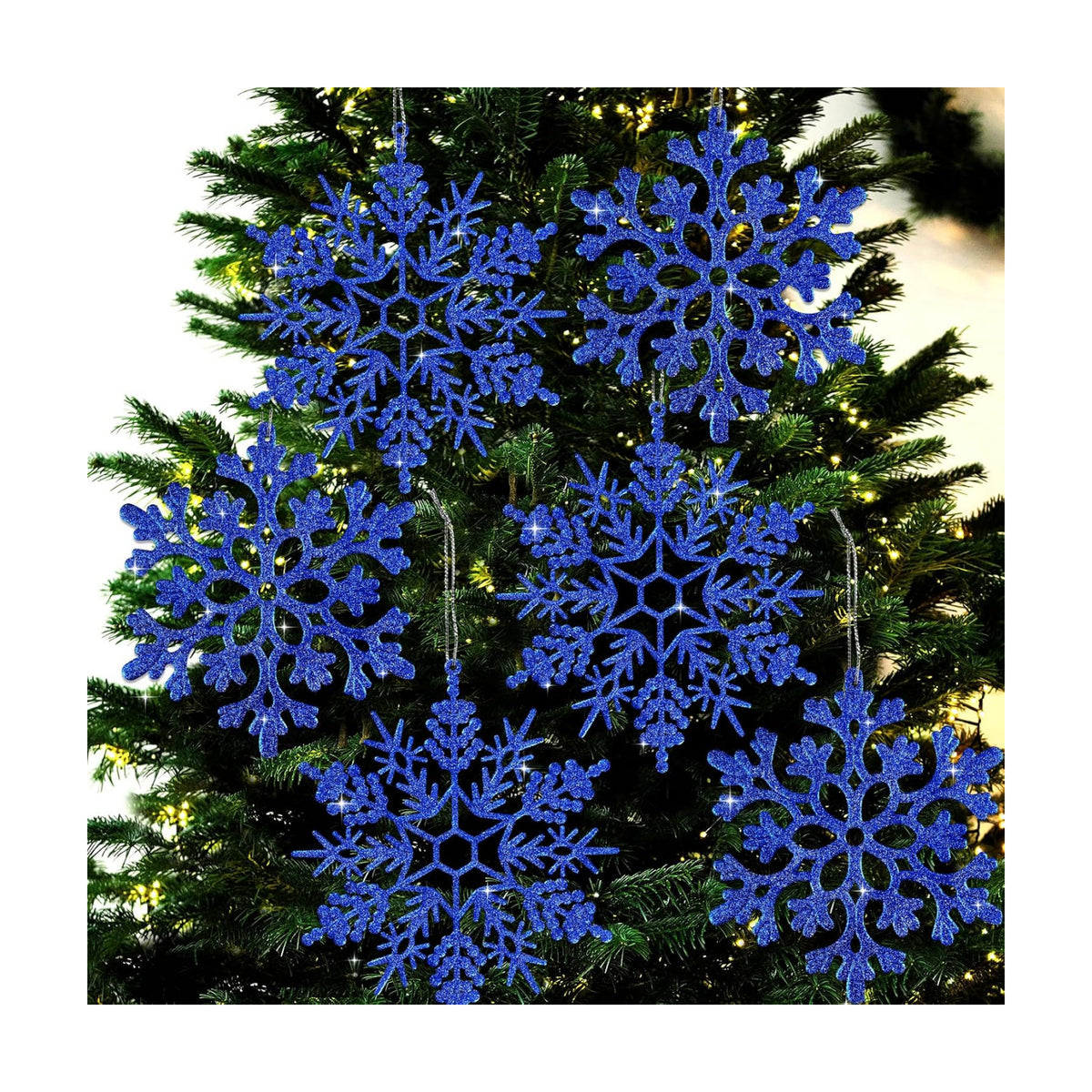 6pcs Large Navy Blue Snowflakes Ornaments 12" Big Plastic Glitter Snowflake for Winter Indoor Outdoor Christmas Tree Window Room Decorations Giant Craft Snowflakes