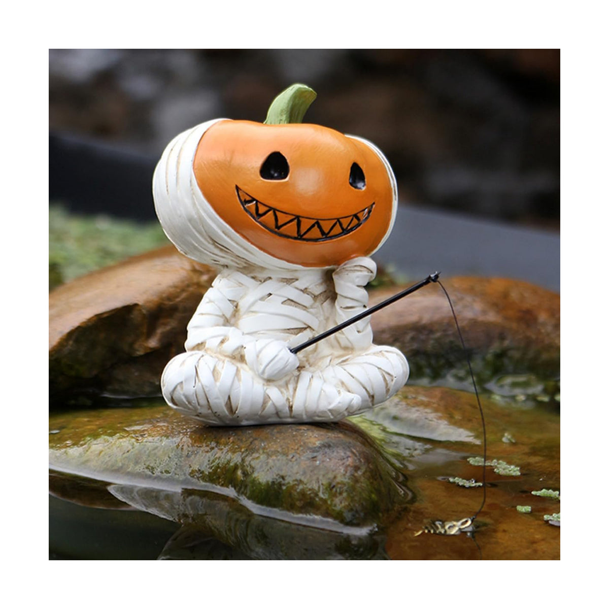 Fishing Pumpkin Head Mummy Statue Funny Halloween Decorations, 3.15 Inch Cute Sitting Figurine Shelf Sitter Resin Sculpture for Outdoor Garden Yard Lawn Pond Waterfalls Pool Ornaments