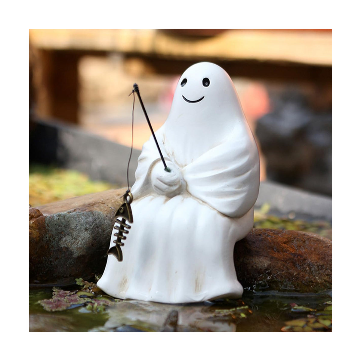 Fishing Ghost Statue Funny Halloween Decorations, 3.35 Inch Cute Sitting Ghost Figurine Shelf Sitter Resin Sculpture for Outdoor Garden Yard Lawn Pond Waterfalls Pool Ornaments
