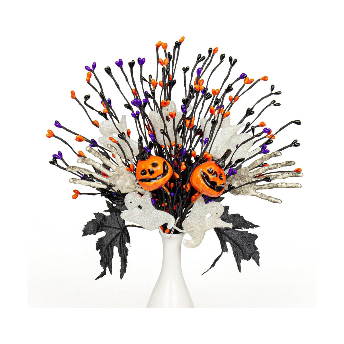 VioletEverGarden 10 Pack Halloween Stems 17 Inch Halloween Floral Picks 3 Styles Berry Branches with Pumpkin Skeleton and Ghost for Gothic Holidays Celebration