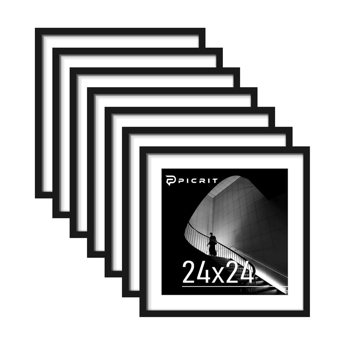 24x24 Black Poster Frame Set of 7, Square Gallery Picture Frames | Fits 20x20 Pictures With Mat or 24x24 Without Mat