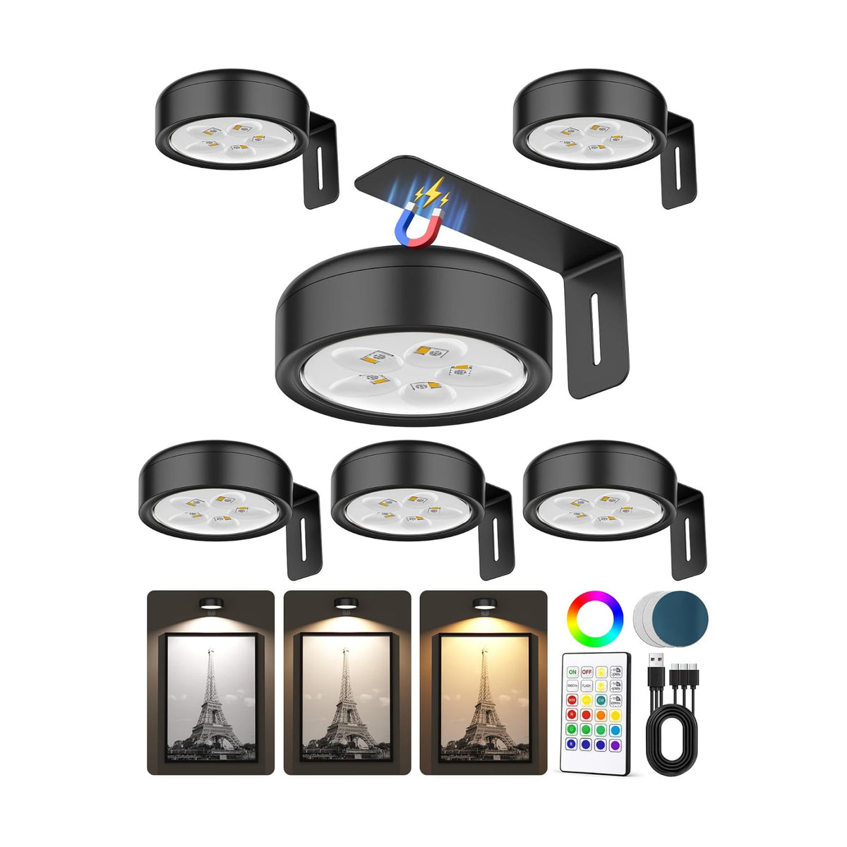 Picture Lights for Wall,Wireless 2000mAh Rechargeable Magnetic LED Puck Lights with Remote,3 Color Temps and 12